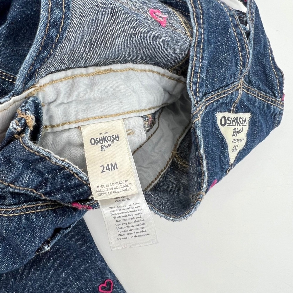 Pink Heart Embroidered OshKosh Bgosh 24 mo Girls Blue Denim Vestbak Overalls - Picture 9 of 10